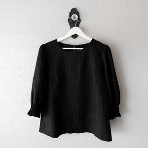 Shein Black Blouse Size Large – Textured Puff Sleeve Top with Smocked Cuffs